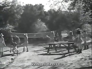 Group of Girls with Great Tits Playing Outdoors (Vintage)